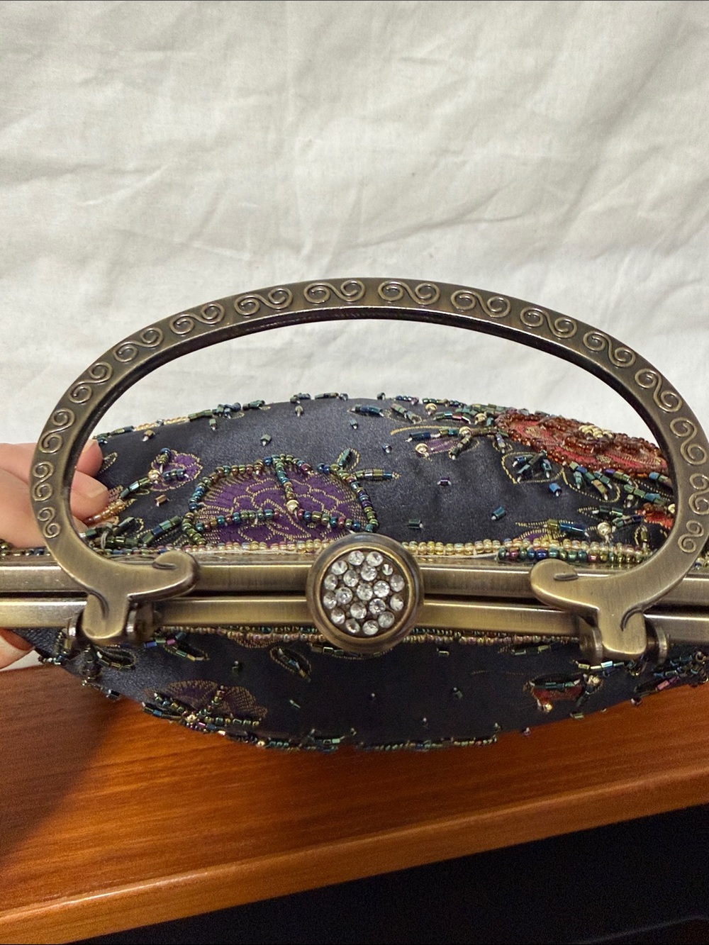 Embroidered Floral Evening Clutch with Decorative Handle - Black - Picture 3 of 5